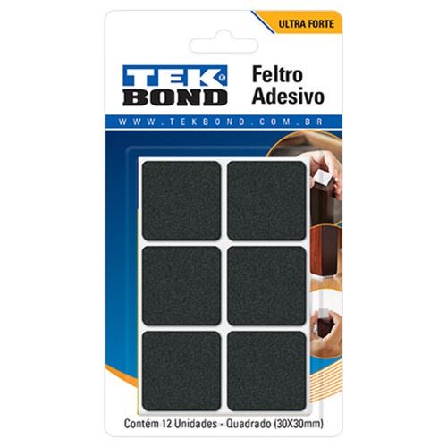 Feltro protetor adesivo quadrado 30 mm preto com 12 unidades