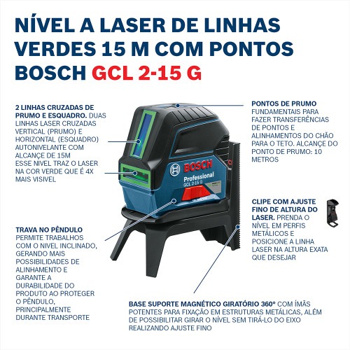 Nível a laser verde com 2 linhas e 2 pontos de prumo - GCL 2-15G Nível a laser verde com 2 linhas e 2 pontos de prumo - GCL 2-15G