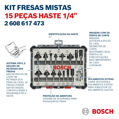 Jogo de fresas para madeira com 15 peças - Standard Jogo de fresas para madeira com 15 peças - Standard