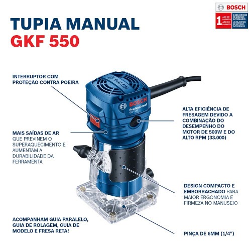 Tupia manual 550 watts com pin�a de 6 mm e 1/4