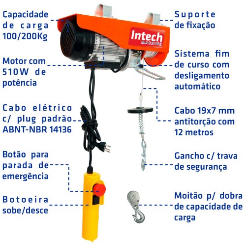 Guincho talha el�trica 100/200 kg eleva��o at� 12 m - ELEV200  110V