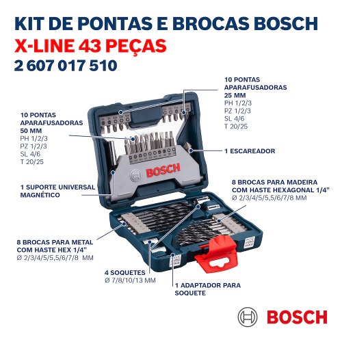 Jogo de brocas e pontas 43 pe�as com maleta - X-Line