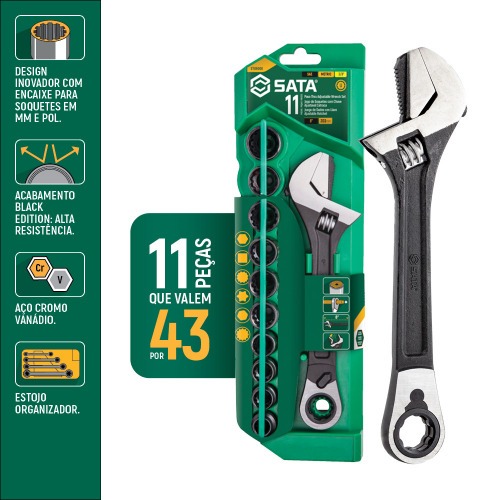 Jogo de soquete 10 a 19 mm com chave catraca/ajust�vel - Vortex X6
