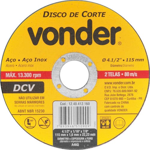 Disco de corte 115,0 x 1,6 x 22,23 mm - DCV Disco de corte 115,0 x 1,6 x 22,23 mm - DCV
