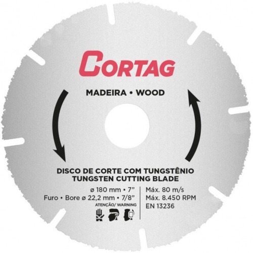 Disco de corte para madeira em tungst�nio 180 x 22,2 mm - 60649