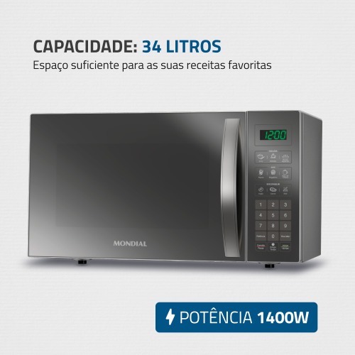Micro-ondas 34 litros 1400W espelhado 10 n�veis de pot�ncia- MO-02-34-E  220V