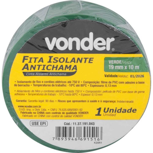 Fita isolante 19 mm x 10 m verde com 10 pe�as