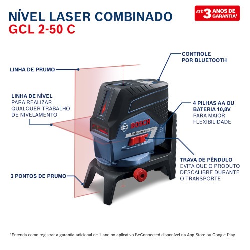 N�vel a laser 2 linhas 2 pontos de prumo alcance 20 m com acess�rios e maleta - GCL 2-50 C