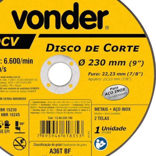 Disco de corte 230 x 2,0 x 22,23 mm - DCV