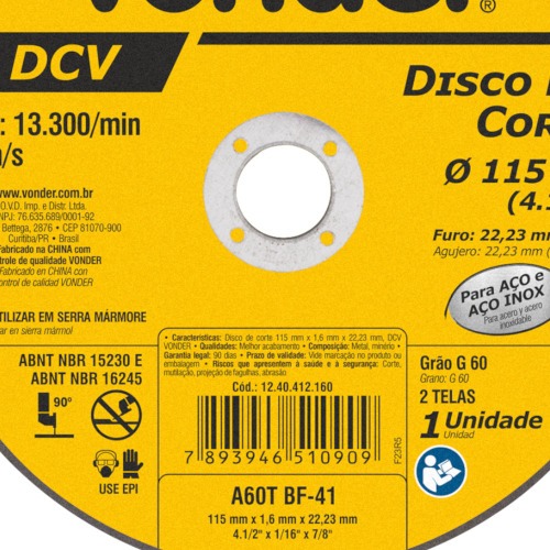 Disco de corte 115,0 x 1,6 x 22,23 mm - DCV Disco de corte 115,0 x 1,6 x 22,23 mm - DCV