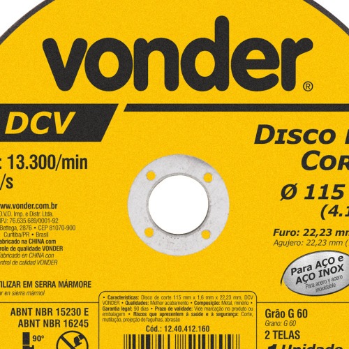 Disco de corte 115,0 x 1,6 x 22,23 mm - DCV Disco de corte 115,0 x 1,6 x 22,23 mm - DCV