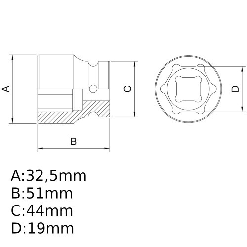 Soquete sextavado de impacto 19 mm encaixe 3/4