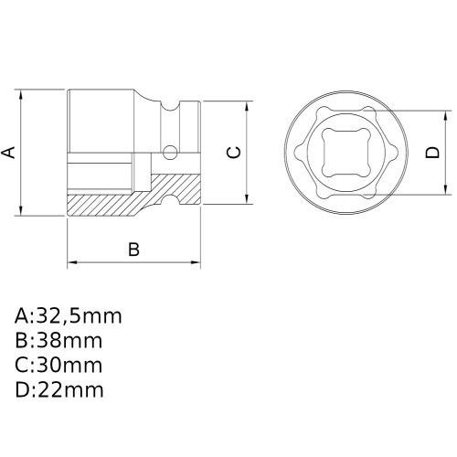 Soquete sextavado de impacto 22 mm encaixe 1/2