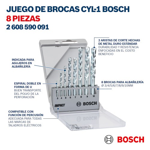 Jogo de broca para concreto 3 a 10 mm com 8 peças - CYL-1 Jogo de broca para concreto 3 a 10 mm com 8 peças - CYL-1