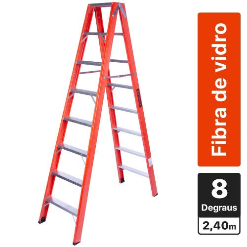 Escada tesoura dupla em fibra de vidro 8 degraus 2,40 m - ESC08240
