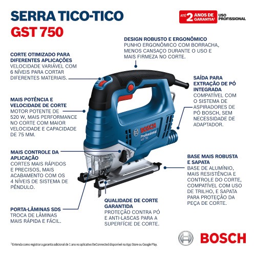 Serra tico tico 520W capacidade de corte 75 mm velocidade vari�vel- GST 750  110V