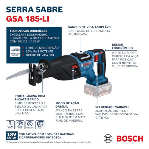 Serra sabre a bateria 18V Brushless com l�minas Sem Bateria - GSA 185-LI