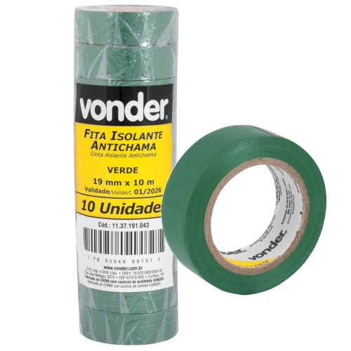 Fita isolante 19 mm x 10 m verde com 10 pe�as