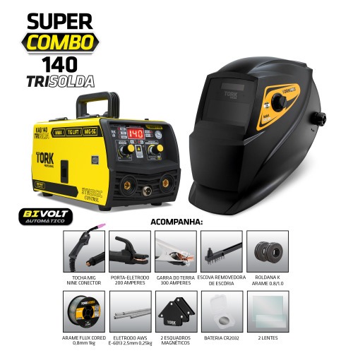 Combo Inversora de solda Mig sem g�s Multiprocesso 140A KAB 140 Trisolda + M�scara e Acess�rios   110V/220V