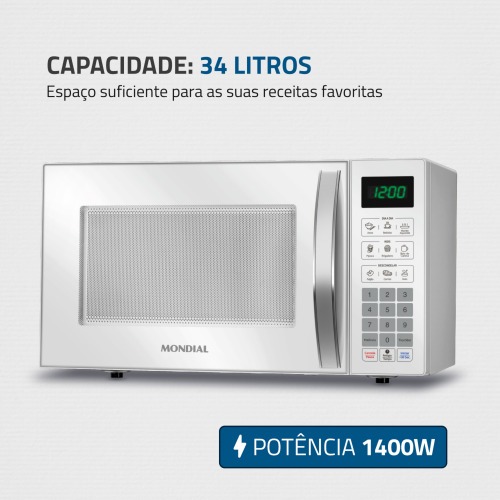 Micro-ondas 34 litros 1400W 10 níveis de potência - MO-02-34-W 110V Micro-ondas 34 litros 1400W 10 níveis de potência - MO-02-34-W 110V