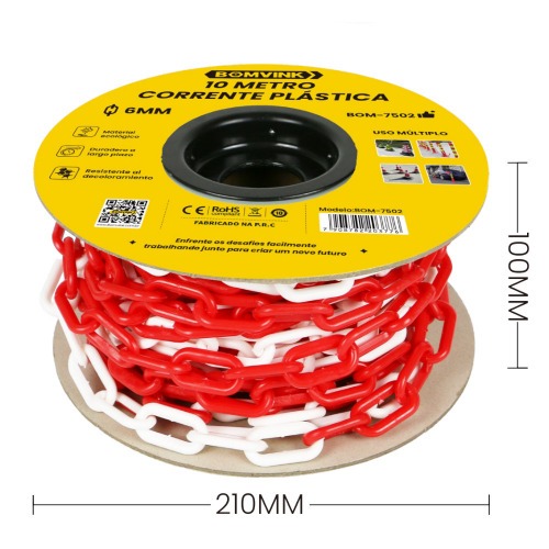 Corrente pl�stica vermelho e branco 6 mm com 10 metros - BOM-7502