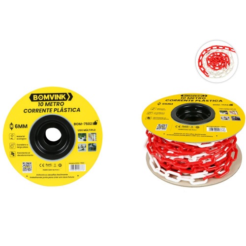 Corrente pl�stica vermelho e branco 6 mm com 10 metros - BOM-7502
