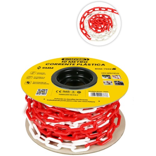 Corrente pl�stica vermelho e branco 6 mm com 10 metros - BOM-7502