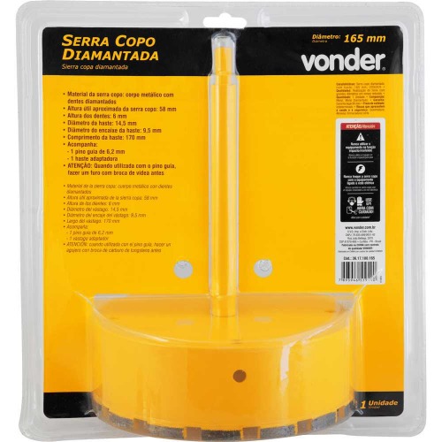 Serra copo diamantada 165 mm com haste de 3/8