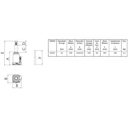 Macaco hidr�ulico tipo garrafa 10 toneladas - 96105