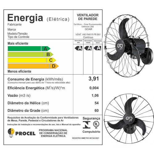 Ventilador de parede 60 cm oscilante preto - V60P 110V/220V Ventilador de parede 60 cm oscilante preto - V60P 110V/220V