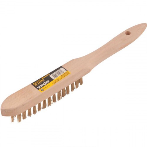 Escova manual com cerdas de lat�o 3 fileiras cabo de madeira 