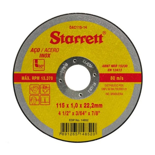 Disco de corte para metal e inox 115 x 1 x 22,2 mm