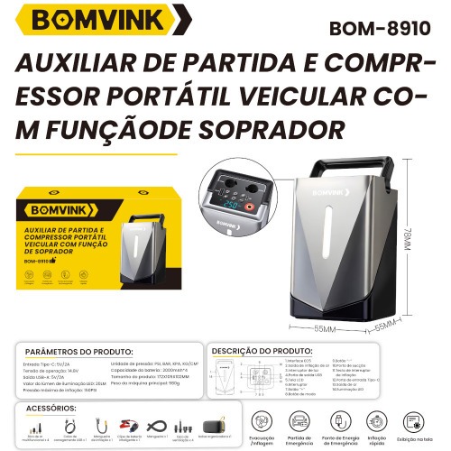 Auxiliar de partida port�til a bateria com compressor integrado e acess�rios - BOM-8910