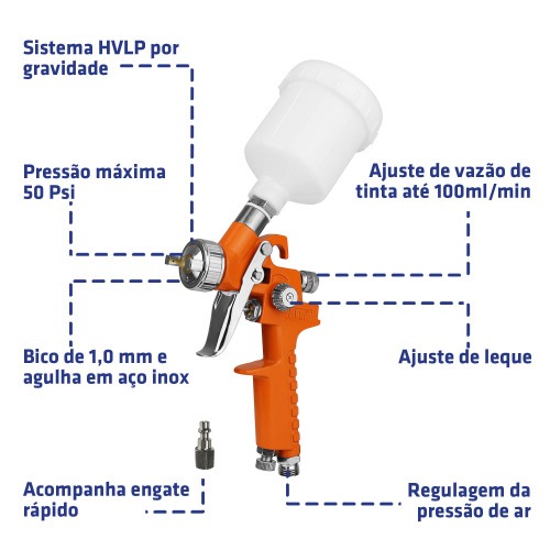 Pistola de pintura HVLP tipo gravidade com bico de 1,0 mm