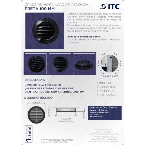 Grade de ventila��o pl�stica para duto de 100 mm - GR100P