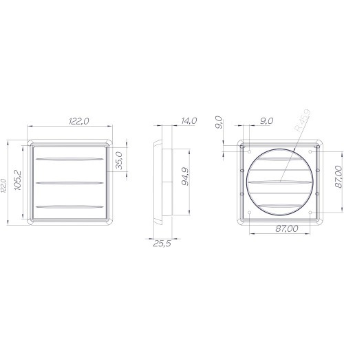 Grade de ventila��o pl�stica quadrada para duto de 100 mm - GR122