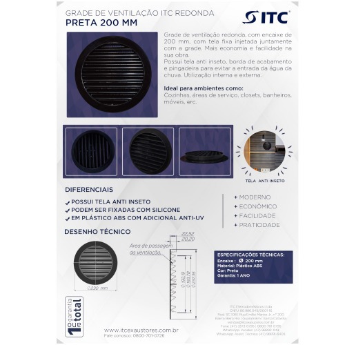 Grade de ventila��o pl�stica para duto de 200 mm - GR200P