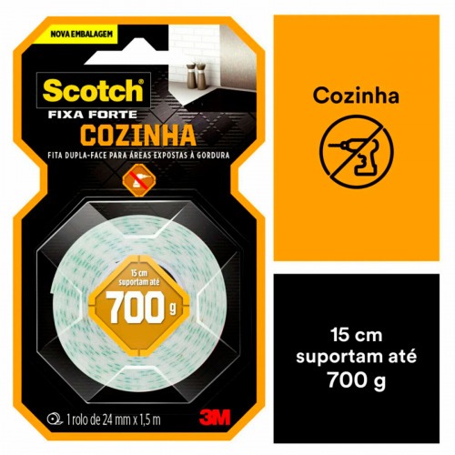 Fita dupla face 24 mm x 1,5 metros cozinha - Fixa Forte