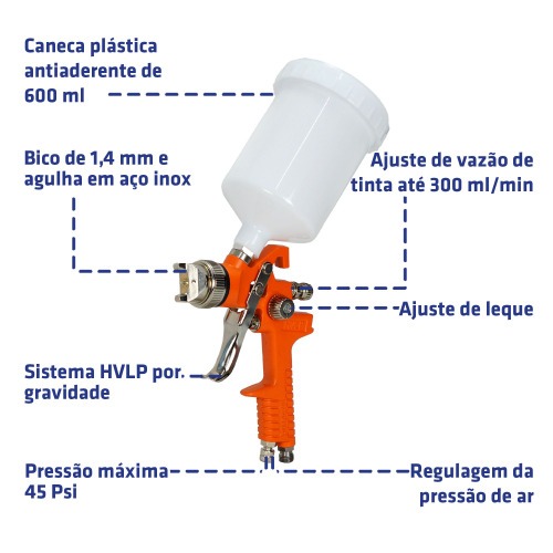 Pistola de pintura HVLP tipo gravidade bico de 1,4 mm - P827