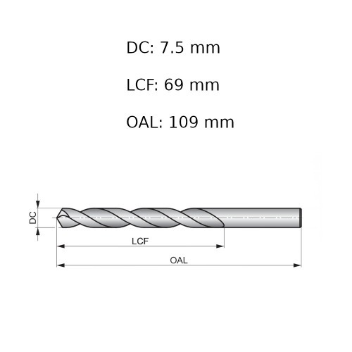 Broca de aço rápido para metal 7,5 mm DIN 338 - A1147.5B Broca de aço rápido para metal 7,5 mm DIN 338 - A1147.5B