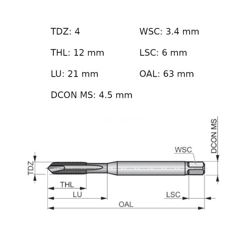 Macho m�quina a�o r�pido ponta helicoidal M4 x 0,7 mm DIN 371 - EP00M4
