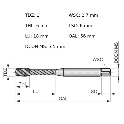 Macho m�quina a�o r�pido canal helicoidal M3 x 0,5 mm DIN 371 - EX00M3