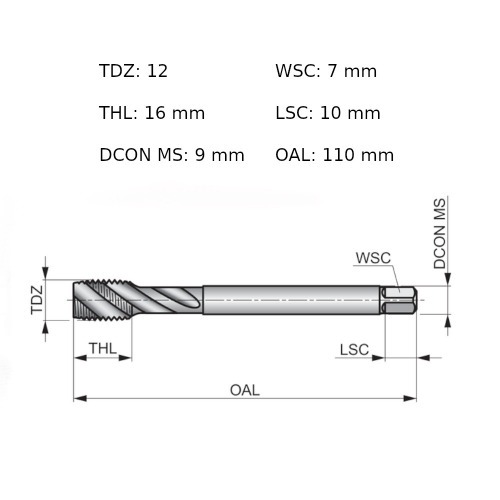 Macho m�quina a�o r�pido canal helicoidal M12 x 1,75 mm DIN 371 - EX00M12