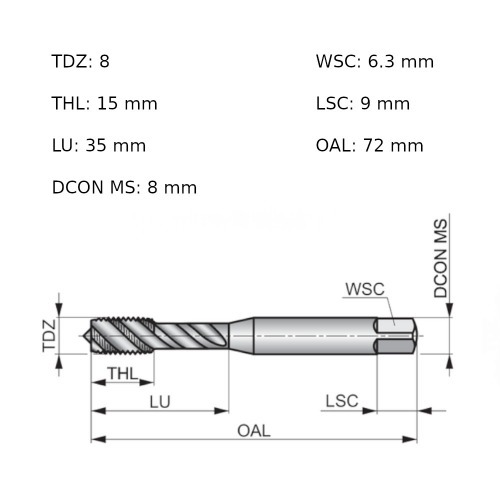 Macho m�quina a�o r�pido canal helicoidal M8 x 1,25 mm E557M8