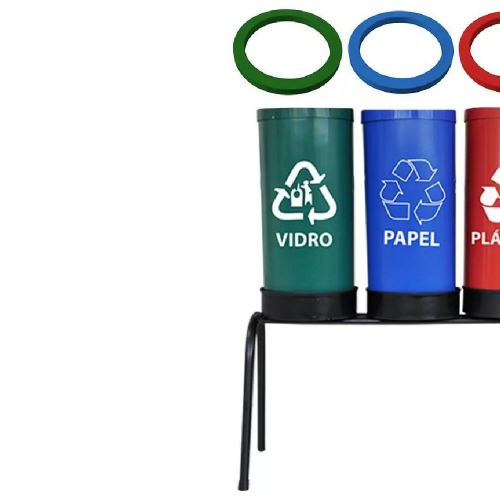 Kit com 4 lixeiras de 23 L para coleta seletiva com aro para fixação de sacos Kit com 4 lixeiras de 23 L para coleta seletiva com aro para fixação de sacos