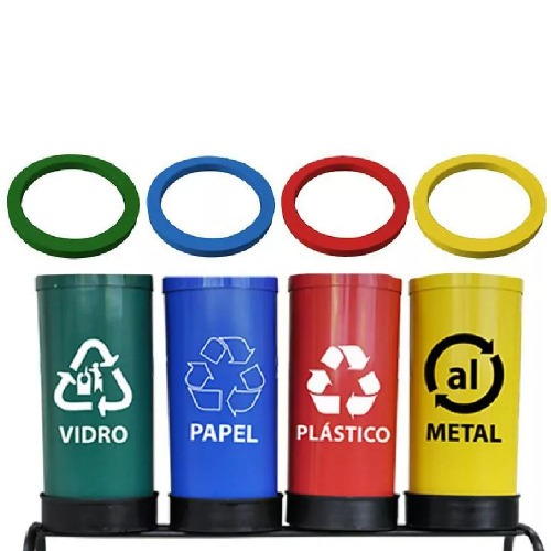 Kit com 4 lixeiras de 23 L para coleta seletiva com aro para fixação de sacos Kit com 4 lixeiras de 23 L para coleta seletiva com aro para fixação de sacos