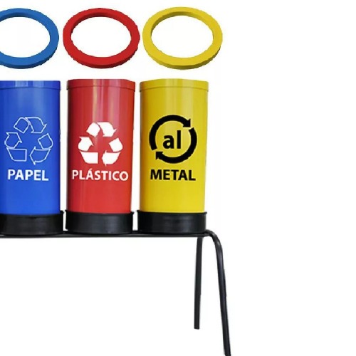 Kit com 4 lixeiras de 23 L para coleta seletiva com aro para fixação de sacos Kit com 4 lixeiras de 23 L para coleta seletiva com aro para fixação de sacos