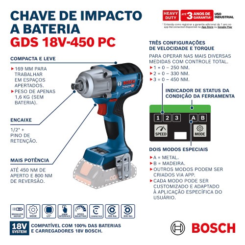 Chave de impacto a bateria 18V encaixe 1/2