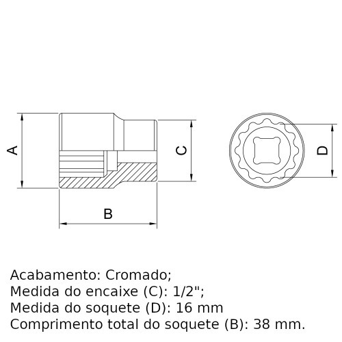 Soquete estriado 16 mm encaixe 1/2