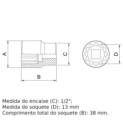Soquete estriado 13 mm encaixe 1/2